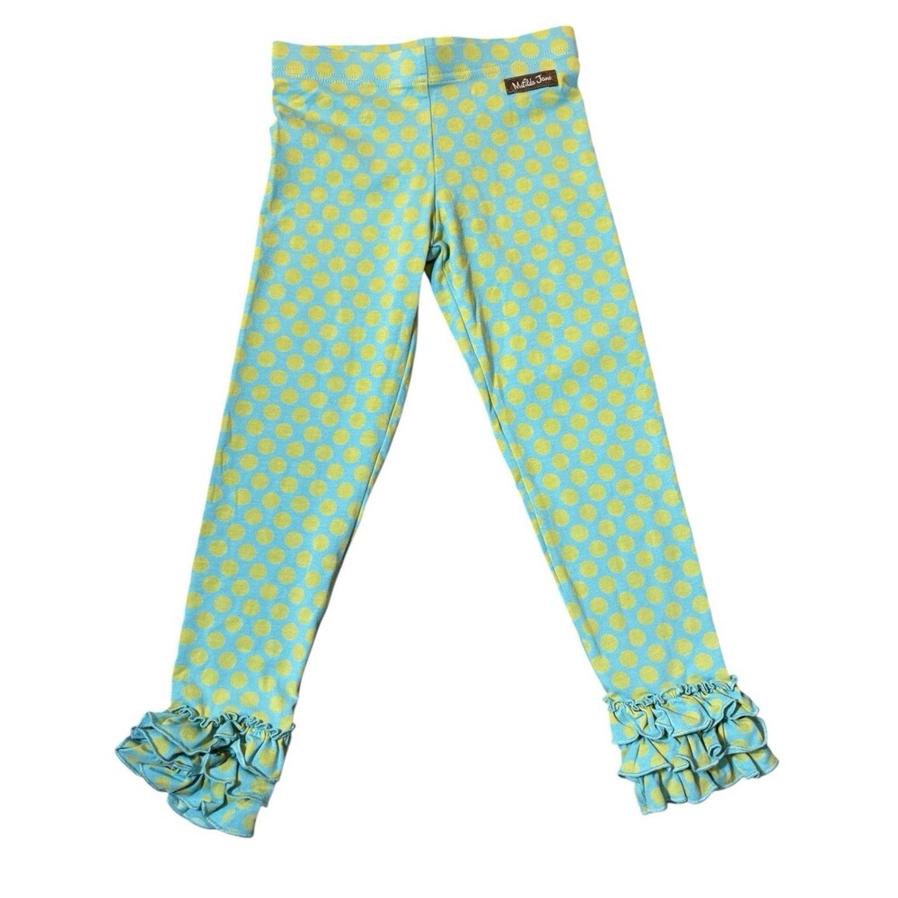 Matilda Jane Girls Size 4 Blue Green Polka Dot Ruffle Leggings Cotton Stretch